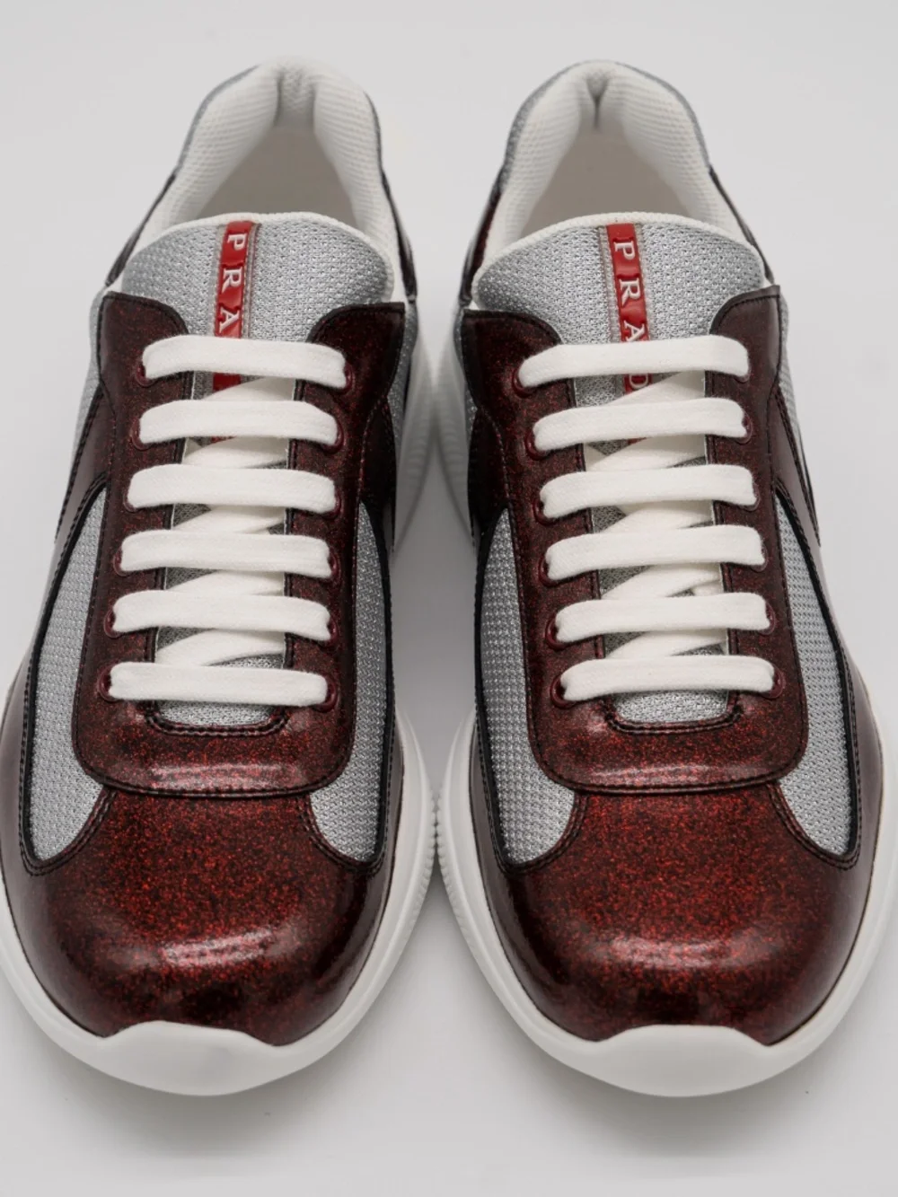 Prada America's Cup Men's Sneakers Burgundy Patent Leather Fabric Glitter 9 US